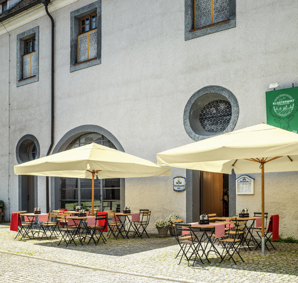 parasol profesjonalny duży Esparto stelaż o wyglądzie drewna; 350x350x370 cm (DxSxW); ecru; kwadrat