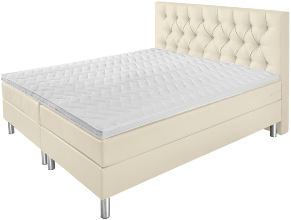 łóżko kontynentalne Premium sztuczna skóra, wezgłowie Chesterfield; 200x200x69 cm (SxDxW); perłowa biel; -