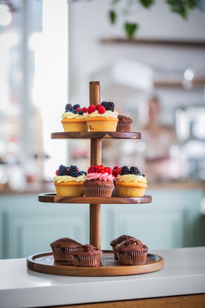 etażerka Kara 3-poziomowa; 30.5x41 cm (ØxW); akacja brąz