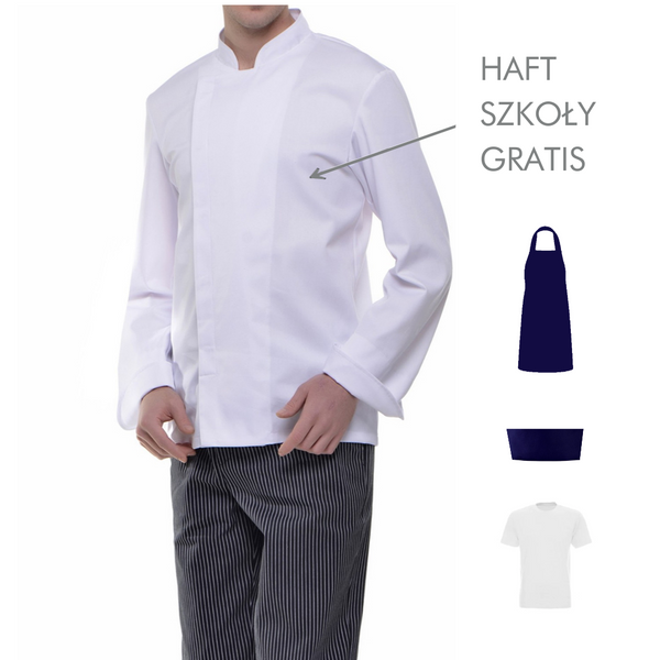 Męski komplet kucharski dla ucznia (bluza, fartuch, furażerka, tshirt) + haft szkoły gratis
