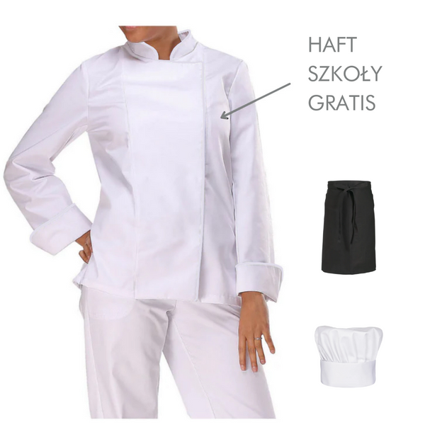 Damski komplet kucharski dla uczennicy (bluza, zapaska, czapka) + haft szkoły gratis