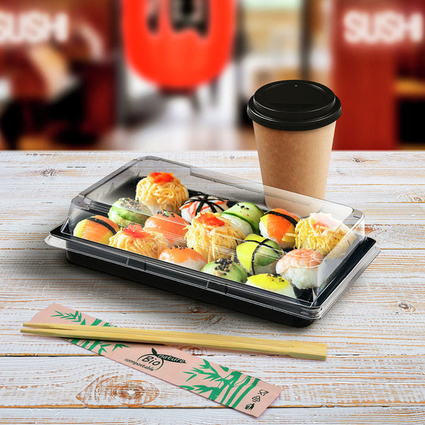pudełko na sushi z PET; 19.4x13.4x4.3 cm (DxSxW); czarny; prostokątny; 400 sztuka / opakowanie