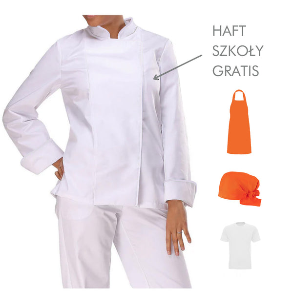 Damski komplet cukierniczy dla uczennicy (bluza, fartuch, bandana, tshirt) + haft szkoły gratis