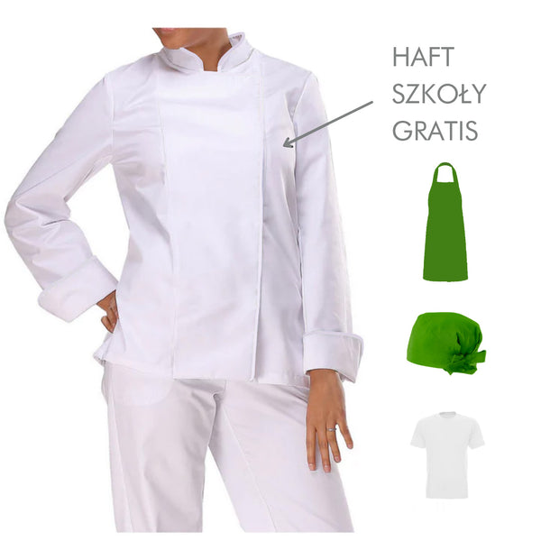 Damski komplet kucharski dla uczennicy (bluza, fartuch, bandana, tshirt) + haft szkoły gratis