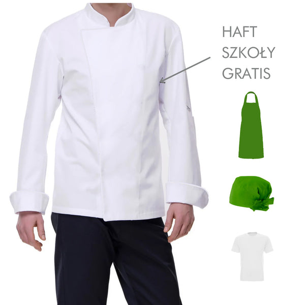 Męski komplet kucharski dla ucznia (bluza, fartuch, bandana, tshirt) + haft szkoły gratis