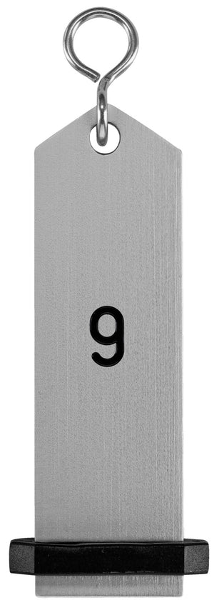 brelok do kluczy Bumerang z wytłoczonymi cyframi; 10x3 cm (DxS); srebro; Prägung 9