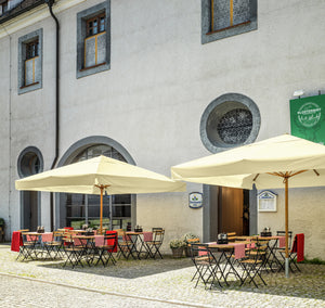 parasol profesjonalny duży Esparto stelaż o wyglądzie drewna; 350x350x370 cm (DxSxW); ecru; kwadrat