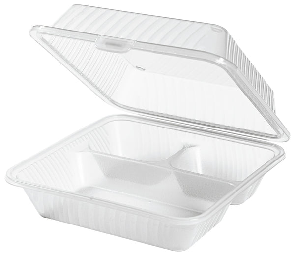 pojemnik na menu do wielokrotnego użytku Eco-Takeout trzydzielny, z wysoką pokrywą; 23x23x9 cm (DxSxW); transparentny; kwadrat; 12 sztuka / opakowanie