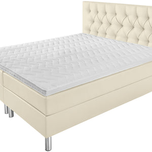 łóżko kontynentalne Premium sztuczna skóra, wezgłowie Chesterfield; 200x200x69 cm (SxDxW); perłowa biel; -