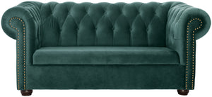 sofa 2-osobowa Chesterfield aksamit z nogami; 167x97x72.5 cm (SxGxW); siedzisko jodła zielona, stelaż brązowy