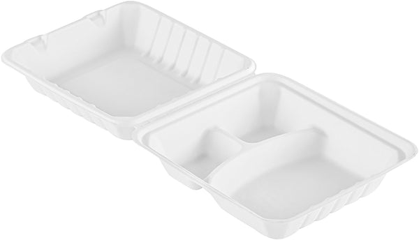 lunch box z bagassy Eco VI 3-dzielny; 455ml, 22.5x20.1x8.5 cm (DxSxW); biały; prostokątny; 50 sztuka / opakowanie