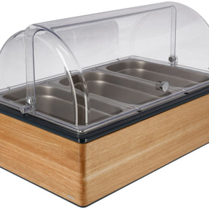 witrynka chłodząca Montana dąb 10 cm stal szlachetna 3 x 1/3; Größe GN 1/1, 55.4x35.2x29.9 cm (DxSxW); dąb/transparentny/stal nierdzewna; prostokątny