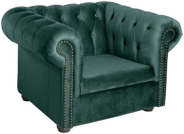 fotel Chesterfield aksamit; 114x97x72.5 cm (SxGxW); siedzisko jodła zielona, stelaż brązowy