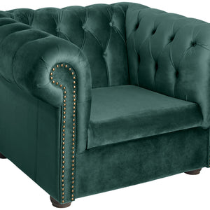 fotel Chesterfield aksamit z nogami; 114x97x72.5 cm (SxGxW); siedzisko jodła zielona, stelaż brązowy