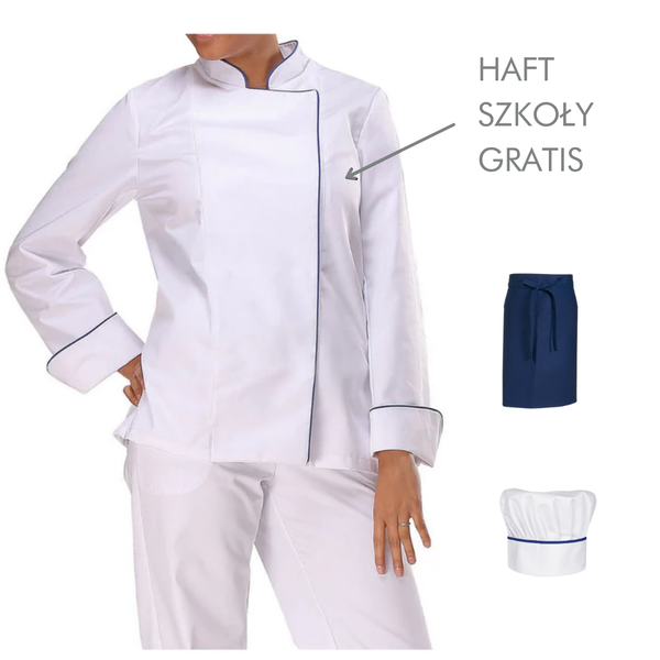 Damski komplet kucharski dla uczennicy (bluza, zapaska, czapka) + haft szkoły gratis